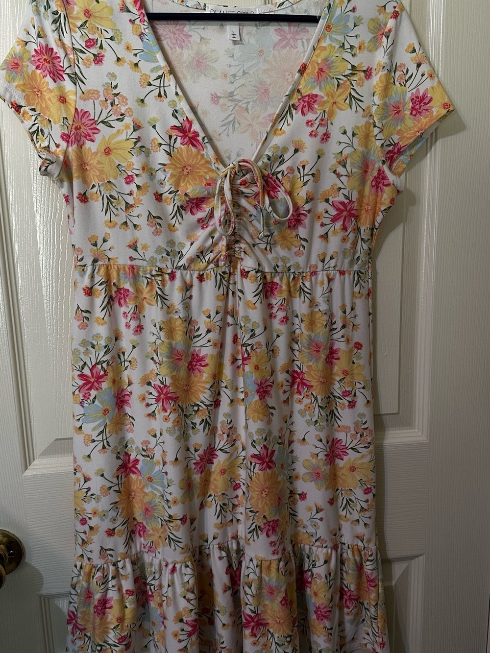 Floral Tie-Front Women’s Dress- White with Yellow & Pink Flowers